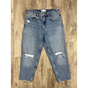 Zara High Rise Distressed Cropped Mom Raw Hem Jeans Size 8 Medium Wash